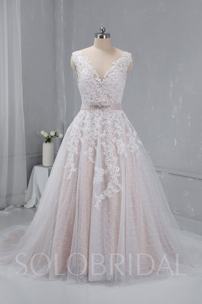 Blush Wedding Dress with Beaded Belt and Corset Back