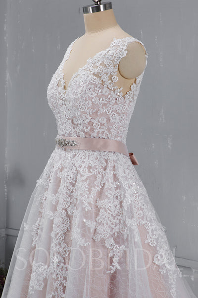 Blush Wedding Dress with Beaded Belt and Corset Back