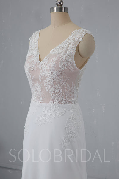 Skin Color Lace Bodice with Crepe Skirt Triangle Pleatings Ivory Wedding Dress