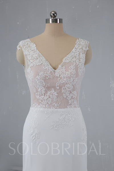 Skin Color Lace Bodice with Crepe Skirt Triangle Pleatings Ivory Wedding Dress