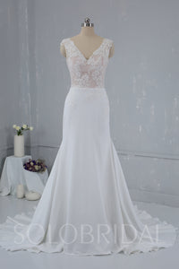 Skin Color Lace Bodice with Crepe Skirt Triangle Pleatings Ivory Wedding Dress