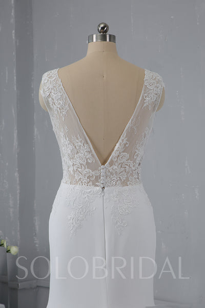 Skin Color Lace Bodice with Crepe Skirt Triangle Pleatings Ivory Wedding Dress