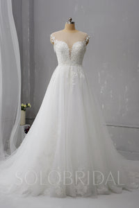 Tulle Wedding Dress with Deep V Neckline and Pearl Buttons