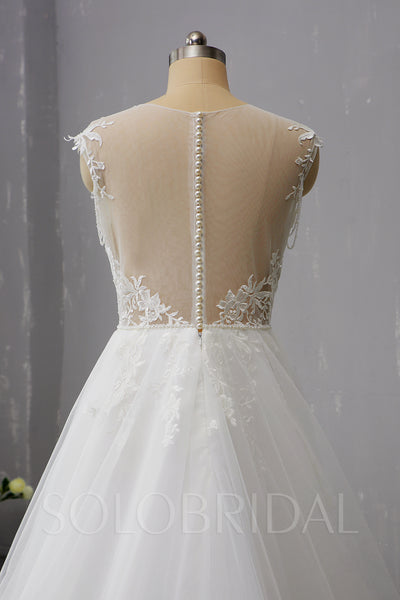 Tulle Wedding Dress with Deep V Neckline and Pearl Buttons