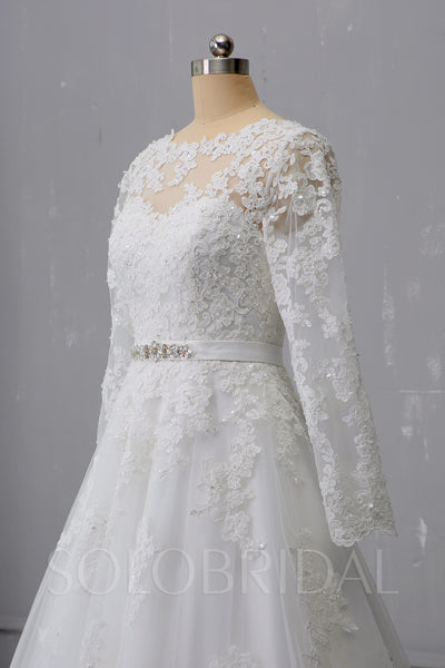 A Line Long Sleeve Ivory Wedding Dress with Court Train and New Lace