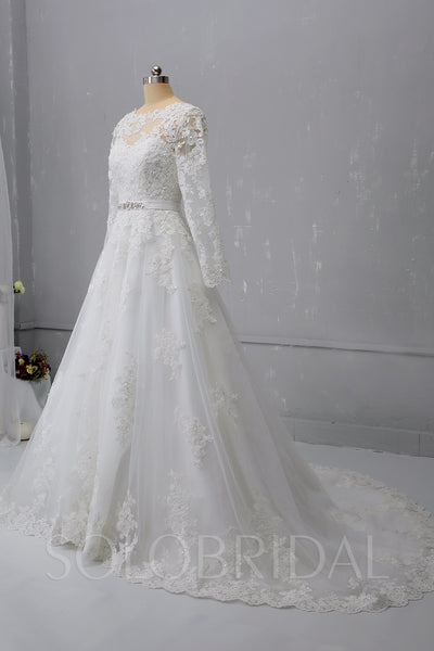 A Line Long Sleeve Ivory Wedding Dress with Court Train and New Lace