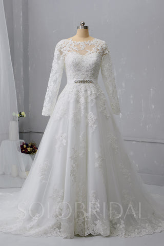 A Line Long Sleeve Ivory Wedding Dress with Court Train and New Lace