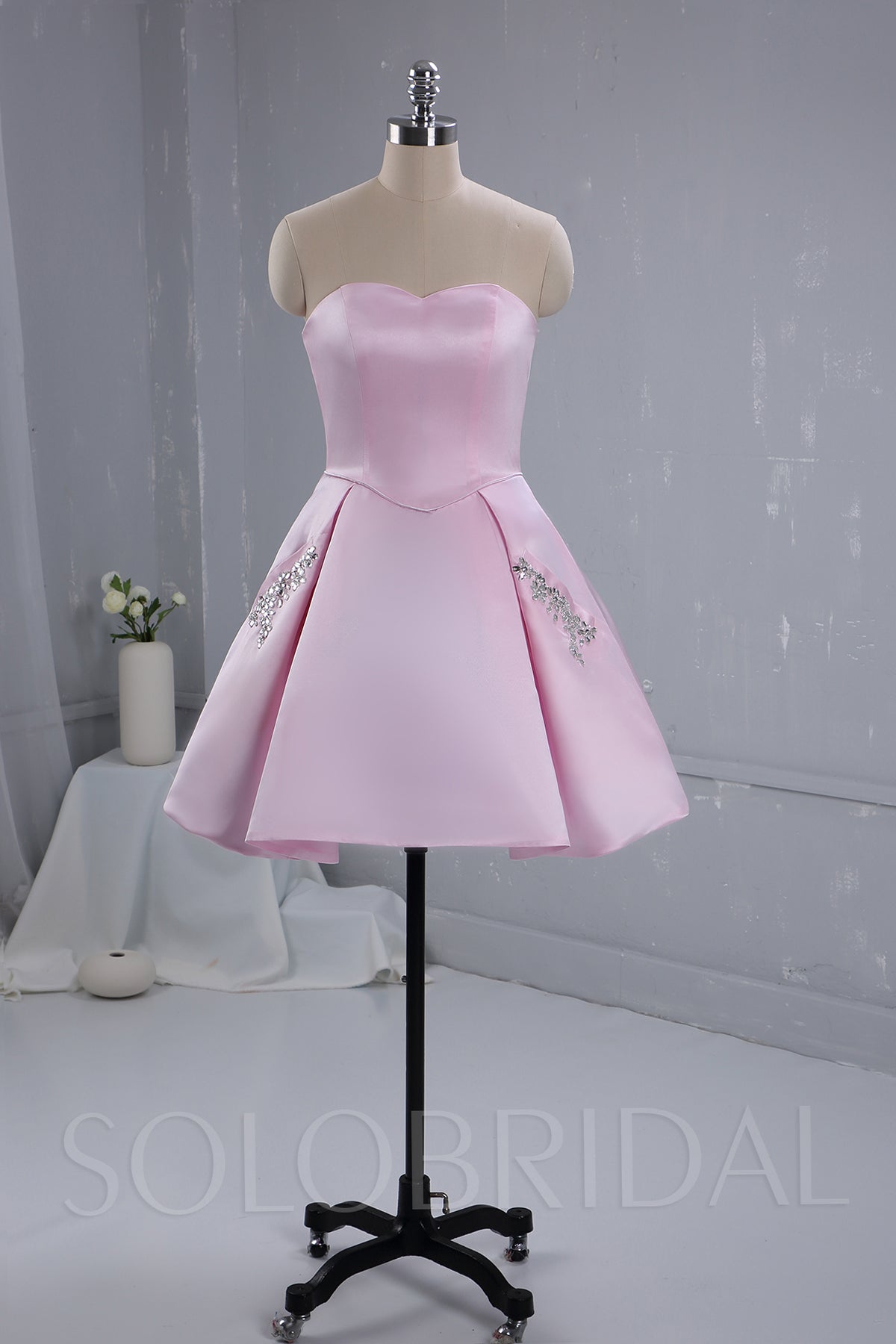 Pink Satin Knee Length Bridesmaid Dress