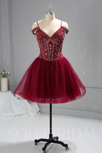 Maroon Red Heavy Beaded Bodice Short Dress