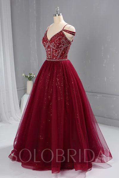 Maroon Red Heavy Beaded Bodice Dress