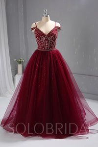 Maroon Red Heavy Beaded Bodice Dress