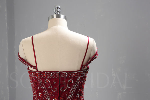 Maroon Red Heavy Beaded Bodice Dress