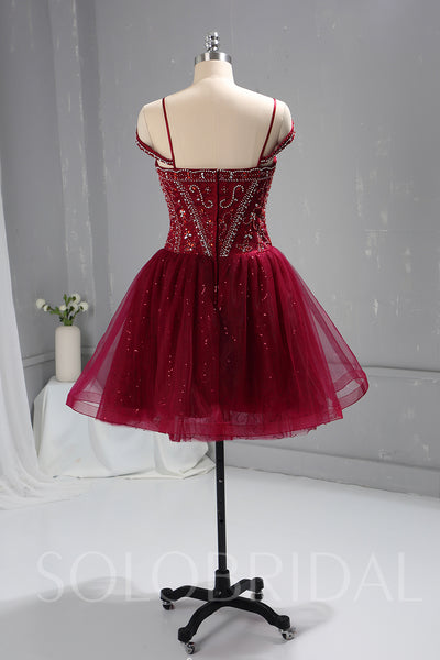 Maroon Red Heavy Beaded Bodice Short Dress