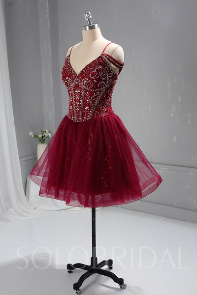 Maroon Red Heavy Beaded Bodice Short Dress