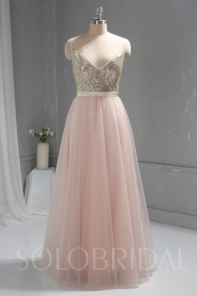 Pink Sequin Bodice Tulle Skirt Bridesmaid Prom Dress