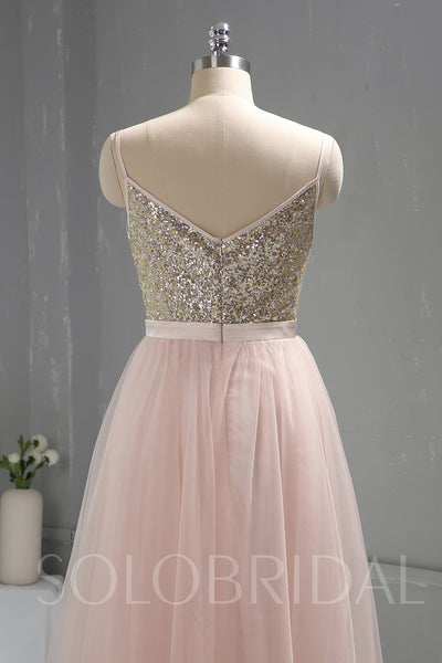 Pink Sequin Bodice Tulle Skirt Bridesmaid Prom Dress