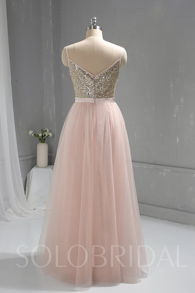 Pink Sequin Bodice Tulle Skirt Bridesmaid Prom Dress