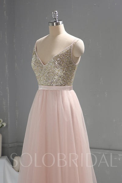 Pink Sequin Bodice Tulle Skirt Bridesmaid Prom Dress