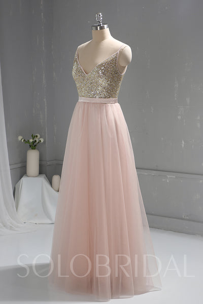 Pink Sequin Bodice Tulle Skirt Bridesmaid Prom Dress