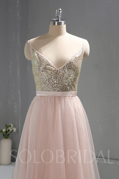 Pink Sequin Bodice Tulle Skirt Bridesmaid Prom Dress