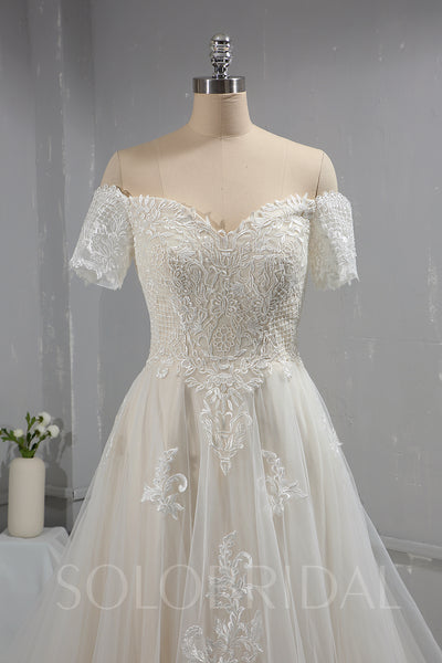 Short Off Shoulder Sleeves Tulle Lace Wedding Dress