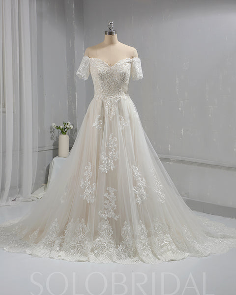 Solobridal - Short Off Shoulder Sleeves Tulle Lace Wedding Dress ...