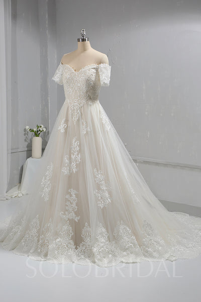 Short Off Shoulder Sleeves Tulle Lace Wedding Dress