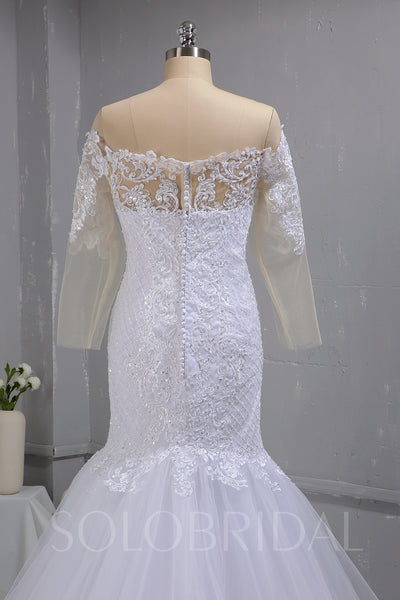 White Grid Lace Off Shoulder Long Sleeve Tulle Skirt Deep Neckline Wedding Dress