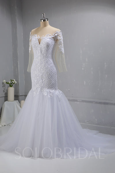 White Grid Lace Off Shoulder Long Sleeve Tulle Skirt Deep Neckline Wedding Dress