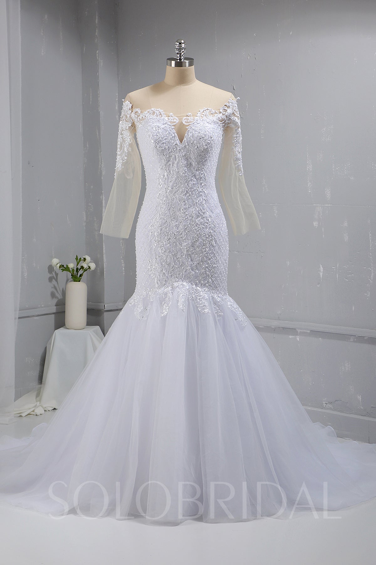 White Grid Lace Off Shoulder Long Sleeve Tulle Skirt Deep Neckline Wedding Dress