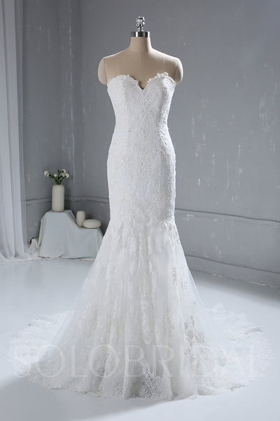 Light Ivory Strapless Lace Wedding Dress with Court Train