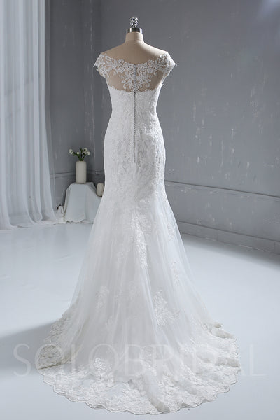 Ivory Sheath Lace Wedding Dress with Cap Sleeves