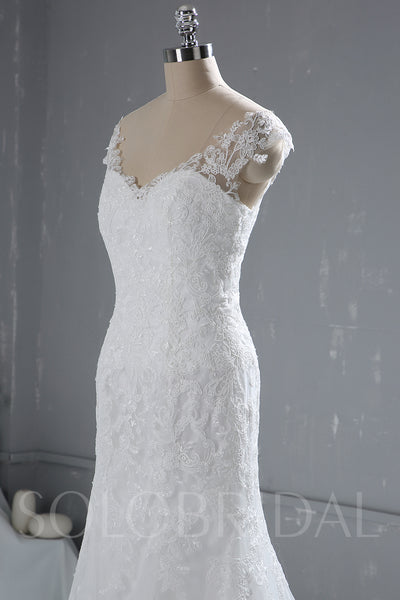 Ivory Sheath Lace Wedding Dress with Cap Sleeves