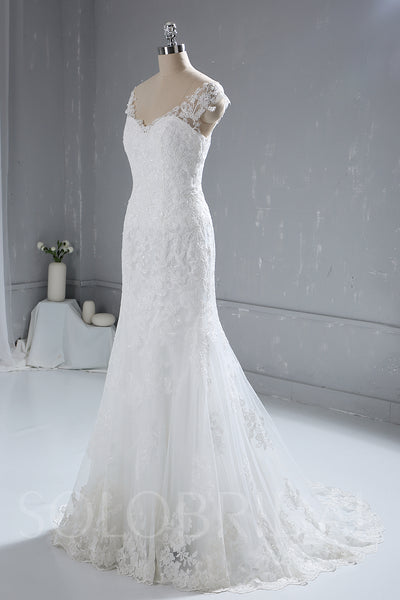 Ivory Sheath Lace Wedding Dress with Cap Sleeves