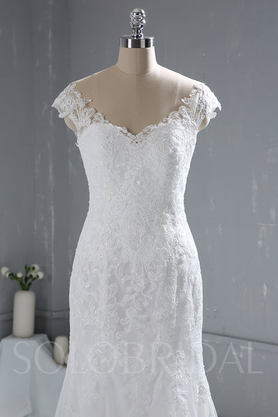 Ivory Sheath Lace Wedding Dress with Cap Sleeves