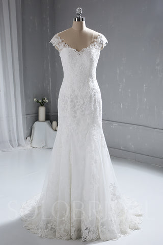 Ivory Sheath Lace Wedding Dress with Cap Sleeves