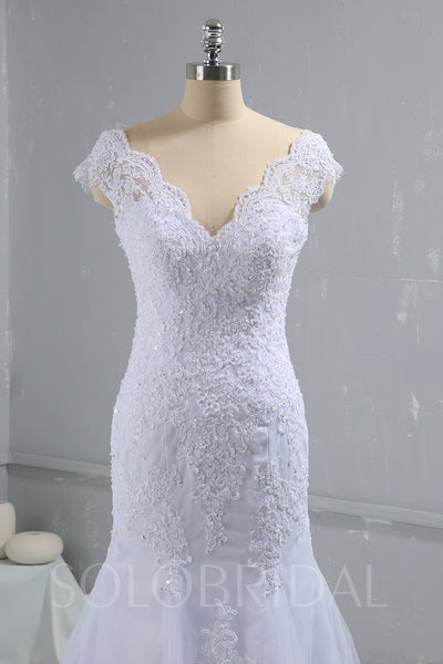 White Fitted Lace Wedding Dress with Cap Sleeves & Cathedral Train