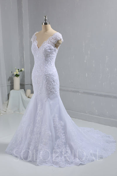 White Fitted Lace Wedding Dress with Cap Sleeves & Cathedral Train