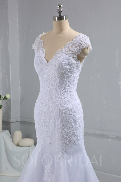 White Fitted Lace Wedding Dress with Cap Sleeves & Cathedral Train