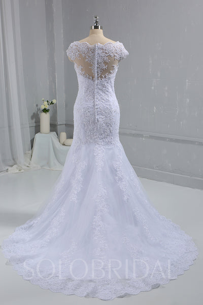 White Fitted Lace Wedding Dress with Cap Sleeves & Cathedral Train