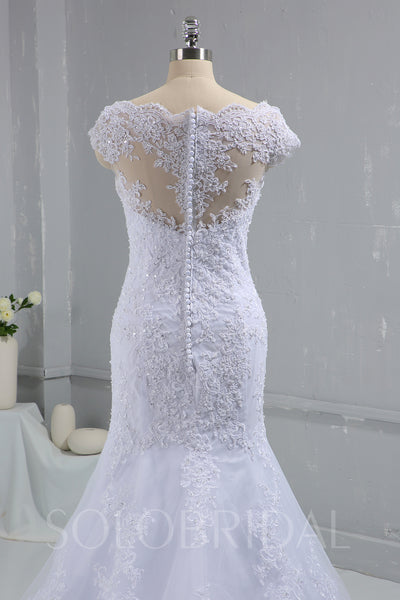 White Fitted Lace Wedding Dress with Cap Sleeves & Cathedral Train