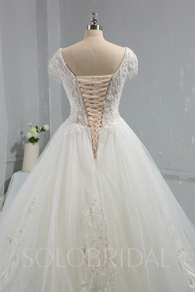Ivory Sparkling Beaded Ball Gown Wedding Dress with Cap Sleeves