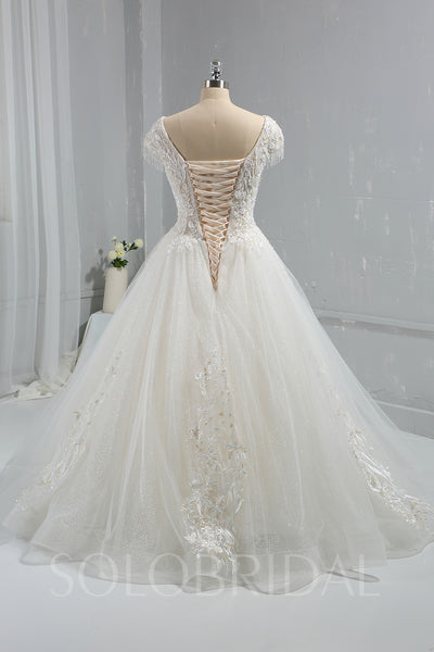 Ivory Sparkling Beaded Ball Gown Wedding Dress with Cap Sleeves