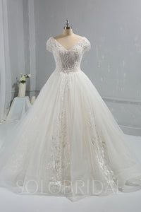 Ivory Sparkling Beaded Ball Gown Wedding Dress with Cap Sleeves