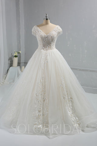 Ivory Sparkling Beaded Ball Gown Wedding Dress with Cap Sleeves