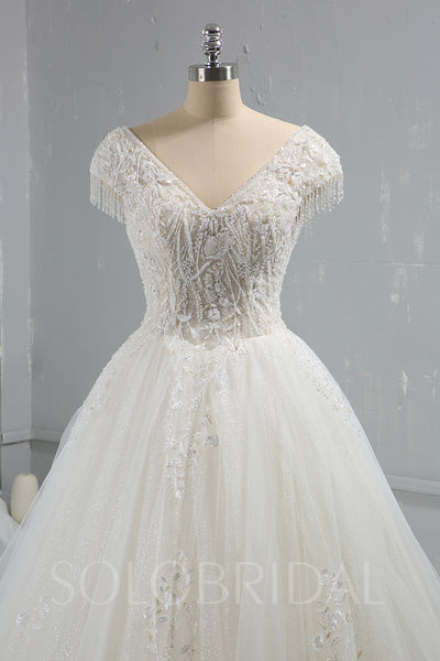 Ivory Sparkling Beaded Ball Gown Wedding Dress with Cap Sleeves