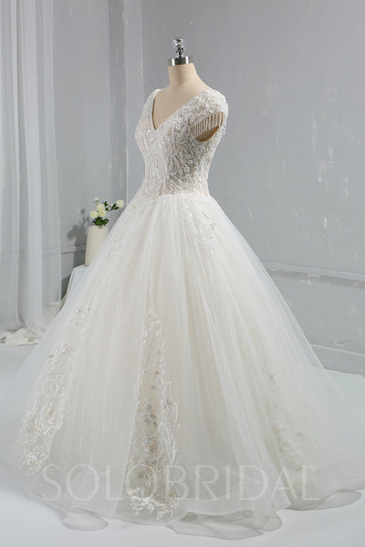 Ivory Sparkling Beaded Ball Gown Wedding Dress with Cap Sleeves