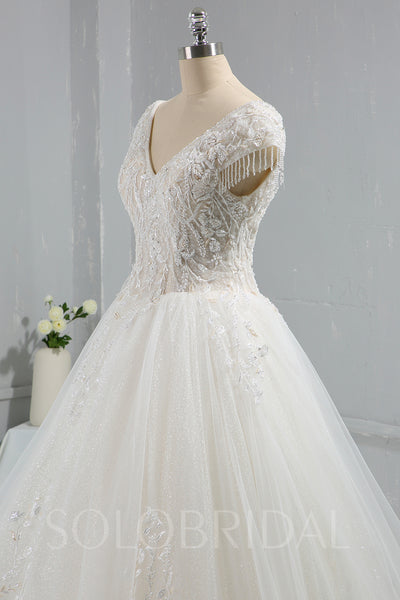 Ivory Sparkling Beaded Ball Gown Wedding Dress with Cap Sleeves