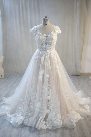 Blush Lining and Ivory Tulle Lace Wedding Dress