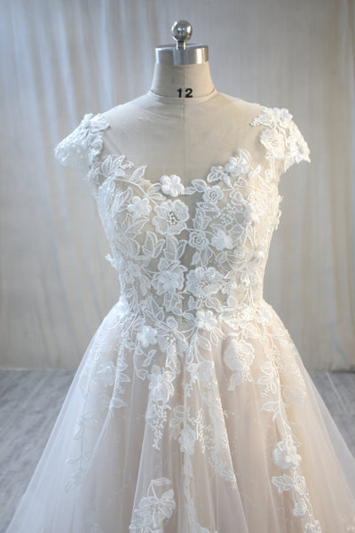 Blush Lining and Ivory Tulle Lace Wedding Dress